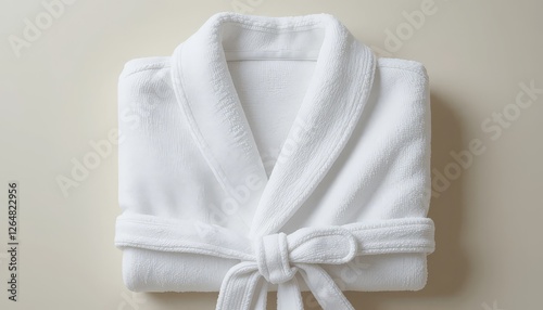 A neatly folded white bathrobe, representing luxury and comfort, ideal for spa services, hospitality marketing, and home relaxation environments. photo