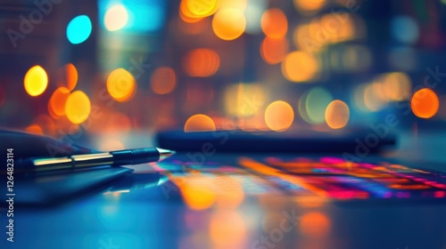 Financial analysis with pen, computer, and vibrant graphs, lights softly blurred behind.