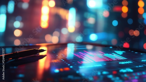 Financial analysis with pen, computer, and vibrant graphs, lights softly blurred behind.