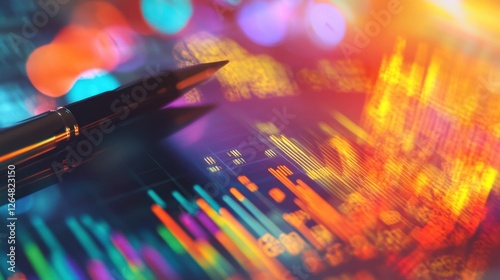 Financial analysis with pen, computer, and vibrant graphs, lights softly blurred behind.