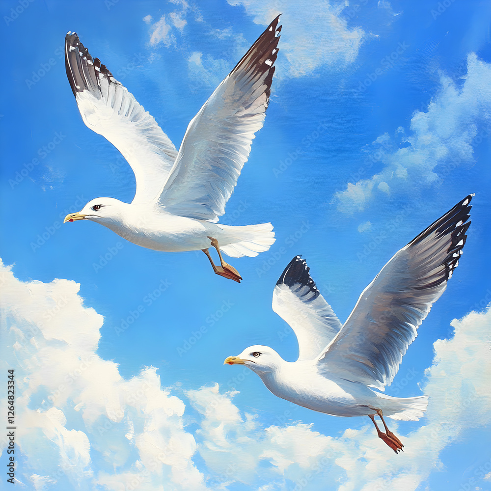Some's seagulls flying in blue sky Some's seagulls flying in blue sky