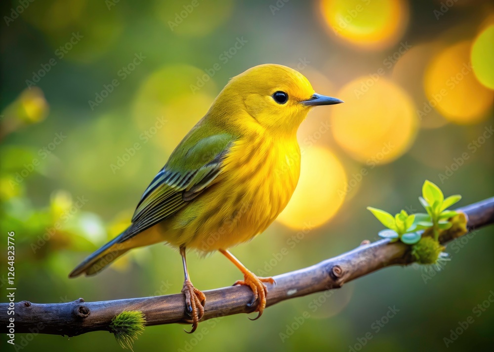 Fototapeta premium A tiny yellow warbler perches delicately on a branch, bathed in soft, low-light.
