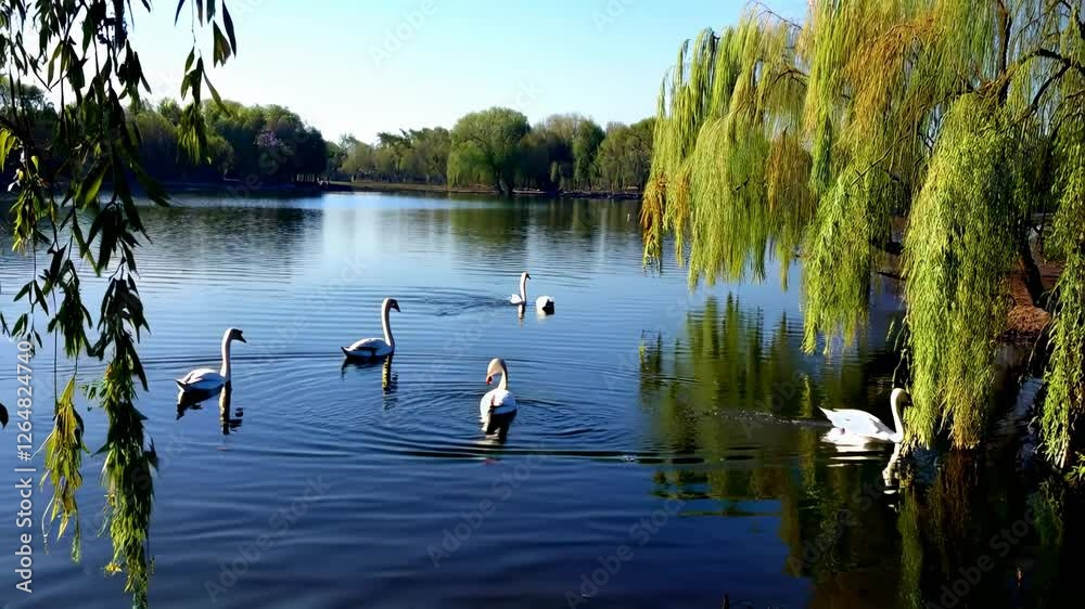 Lac paisible avec cygnes et nature verdoyante