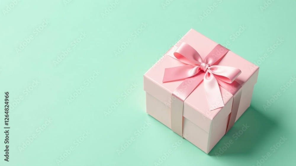 Obraz premium A delicately tied pink ribbon adorns a pastel pink gift box, resting on a soft mint green background, perfect for celebratory occasions and expressing heartfelt sentiments.
