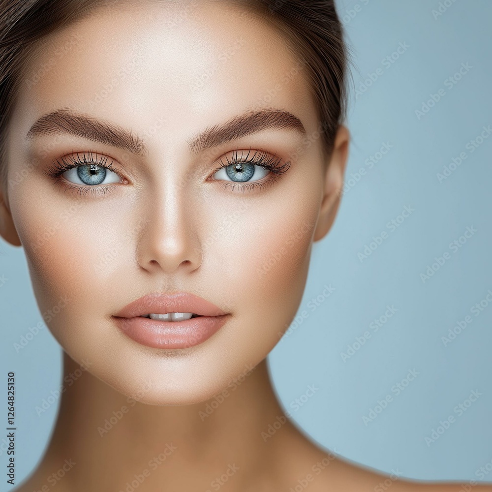 A close-up portrait of a woman with striking blue eyes and flawless skin. A close-up portrait of a woman with striking blue eyes and flawless skin.