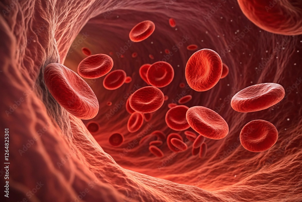 Fototapeta premium Red blood cells navigate through the human bloodstream, showcasing their vital role in oxygen transport and circulation within the body. The intricate environment highlights their dynamic movement.