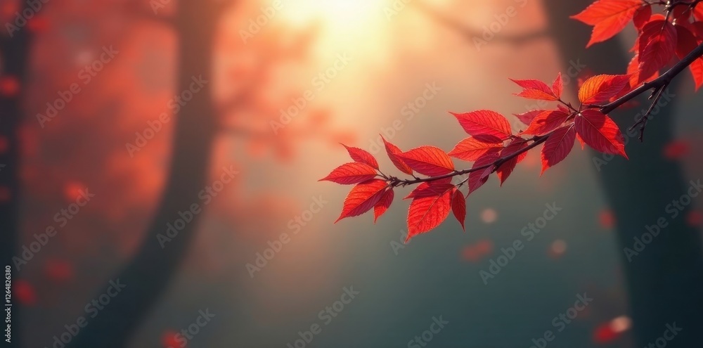 Autumnal Branch with Vibrant Red Leaves Illuminated by Soft Golden Sunlight in a Misty Forest Setting Autumnal Branch with Vibrant Red Leaves Illuminated by Soft Golden Sunlight in a Misty Forest Setting