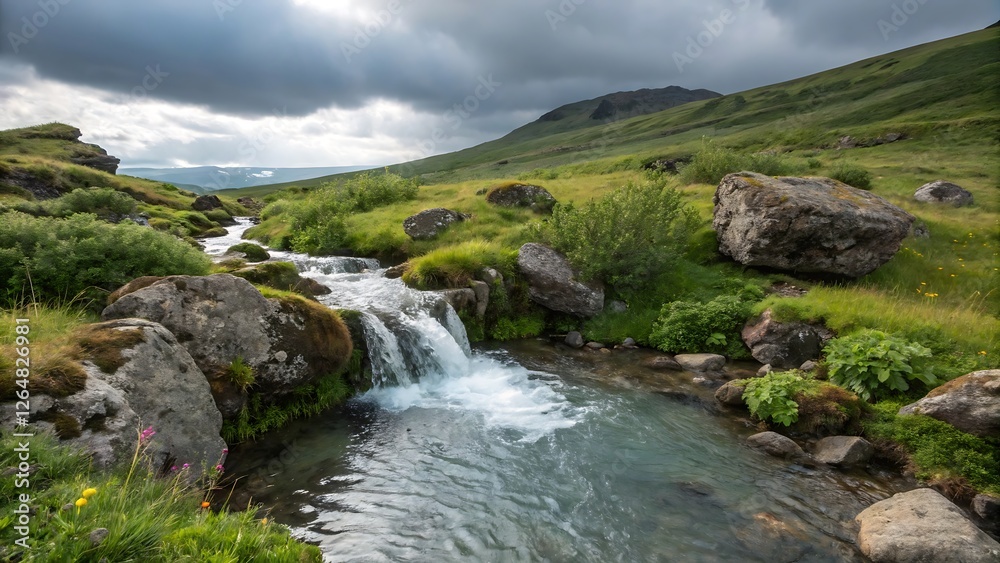 Natural Mountain Spring with Crystal Clear Water and Lush Greenery Natural Mountain Spring with Crystal Clear Water and Lush Greenery