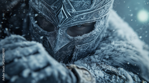 frost warrior clad in icy armor, eyes conveying determination and resilience against elements, ready for challenges ahead
