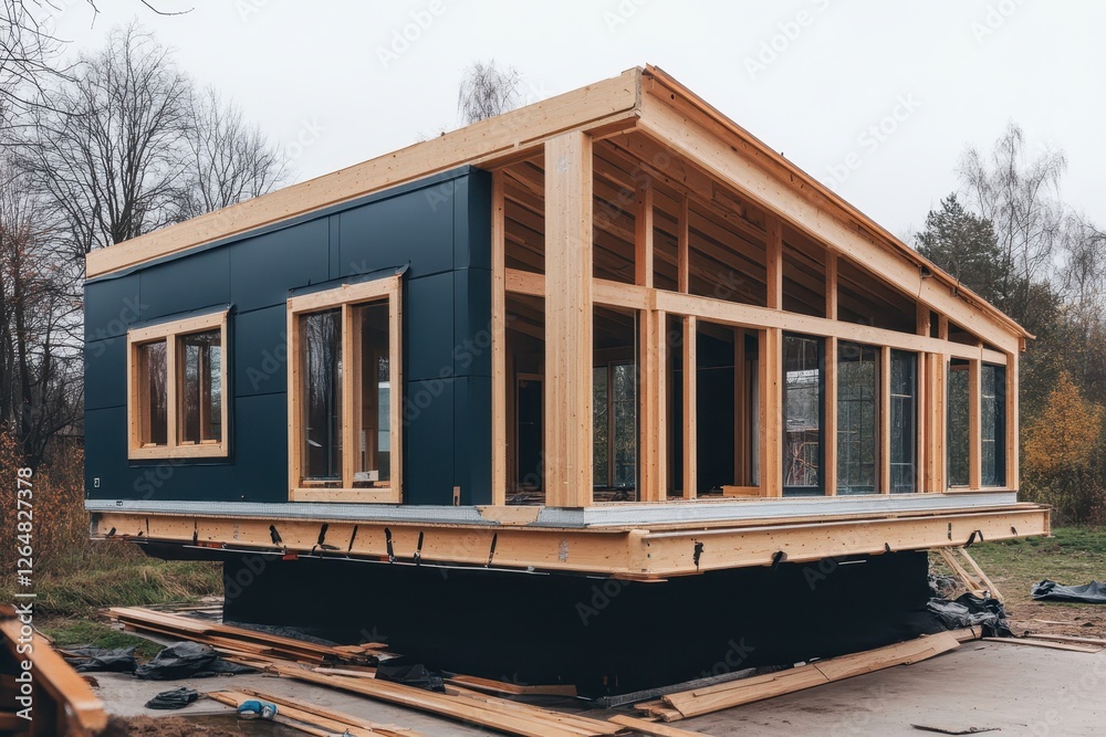 Fototapeta premium Modern wooden frame house under construction in autumn landscape
