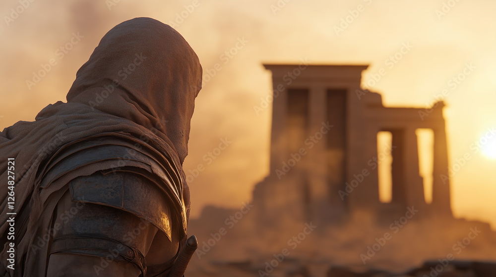 Anxious warrior gazes upon ancient temple ruins in desert at sunset, filled with determination and uncertainty about future Anxious warrior gazes upon ancient temple ruins in desert at sunset, filled with determination and uncertainty about future
