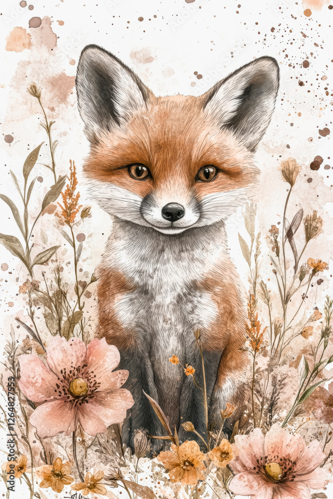 Fototapeta premium Whimsical watercolor fox illustration with floral elements for nursery decor or greeting cards