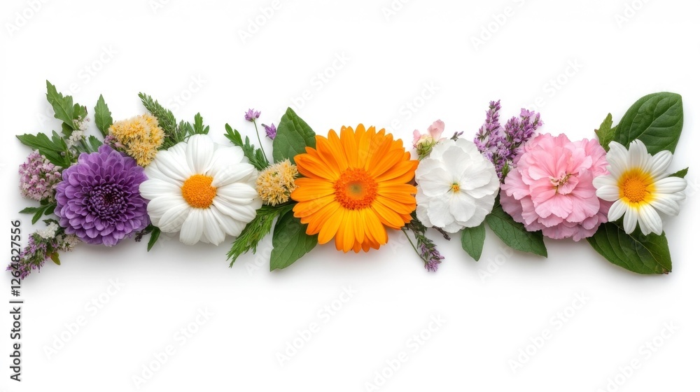 Obraz premium Colorful Flowers Arranged on Isolated White Background. Generative AI