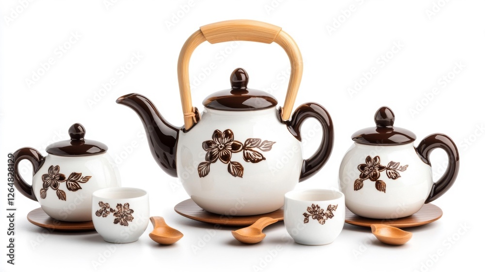Elegant ceramic teapot and cups with floral design on isolated white background. Generative AI