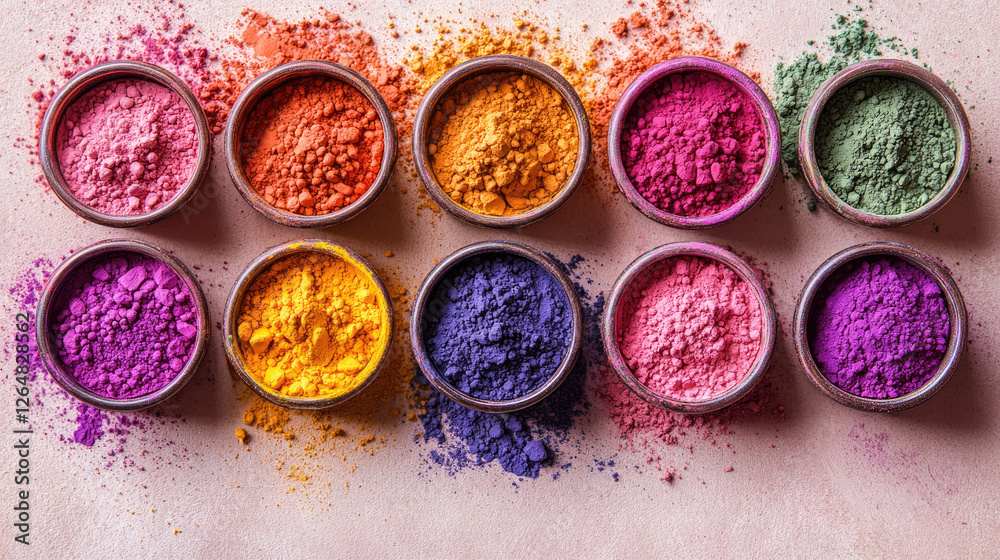 Bowls of vibrant Holi powder arranged in a row. Top view. Flat lay. Festive banner. Traditional Indian festival of colors. Banner. Copy space Bowls of vibrant Holi powder arranged in a row. Top view. Flat lay. Festive banner. Traditional Indian festival of colors. Banner. Copy space