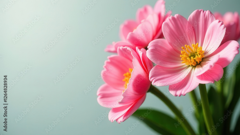 A bouquet of delicate, pink flowers on a plain background. The concept of a postcard for the spring holidays. Free space for text. A bouquet of delicate, pink flowers on a plain background. The concept of a postcard for the spring holidays. Free space for text.