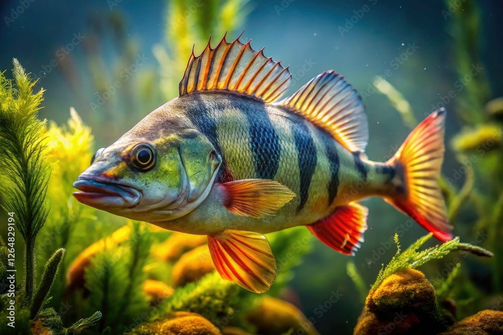 Fototapeta premium Crystal-clear close-up reveals European perch; vibrant aquatic life in stunning underwater detail.