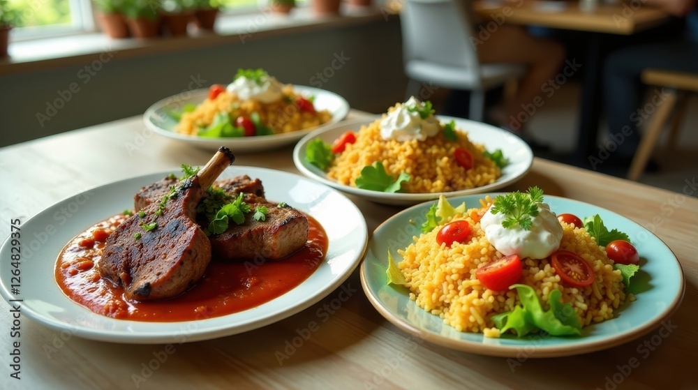 Delicious grilled lamb chops served with a vibrant tomato sauce, accompanied by three servings of golden couscous topped with creamy sauce and fresh vegetables. Delicious grilled lamb chops served with a vibrant tomato sauce, accompanied by three servings of golden couscous topped with creamy sauce and fresh vegetables.