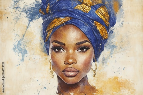 a regal african woman portrait in expressive watercolor flowing indigo and gold headwrap ethereal brushstrokes warm earth tones cultural pride