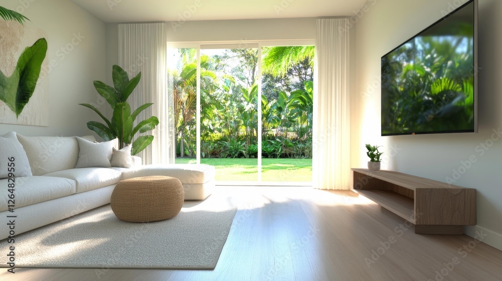 Modern living room with plants and large windows. Generative AI Modern living room with plants and large windows. Generative AI