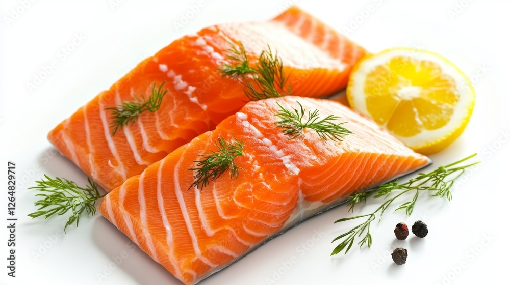 Fresh Salmon Fillets with Lemon and Herbs on White Background Fresh Salmon Fillets with Lemon and Herbs on White Background