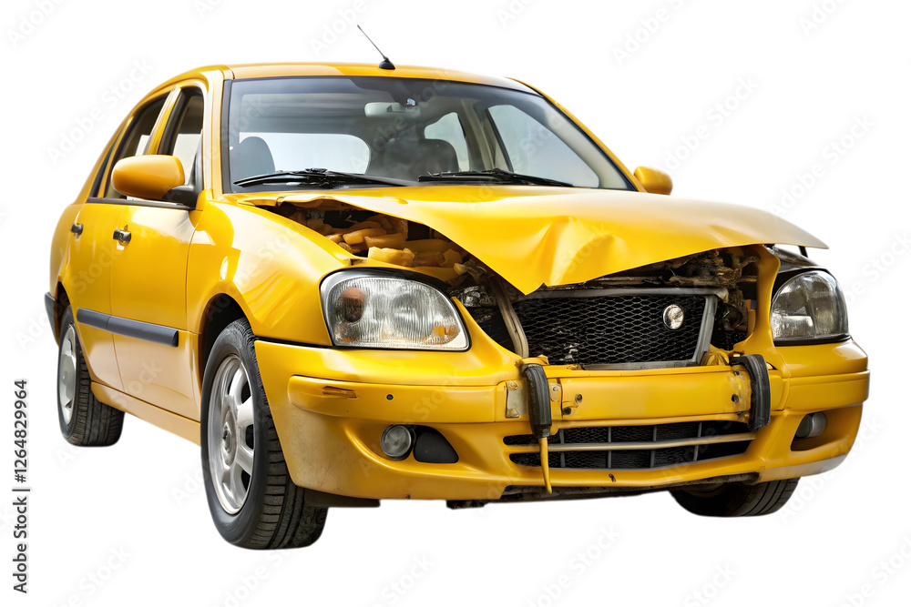 Damaged Yellow Car: A severely damaged yellow car, front end crumpled and hood open, showcasing the impact of a collision. The image highlights the extent of the damage. Damaged Yellow Car: A severely damaged yellow car, front end crumpled and hood open, showcasing the impact of a collision. The image highlights the extent of the damage.