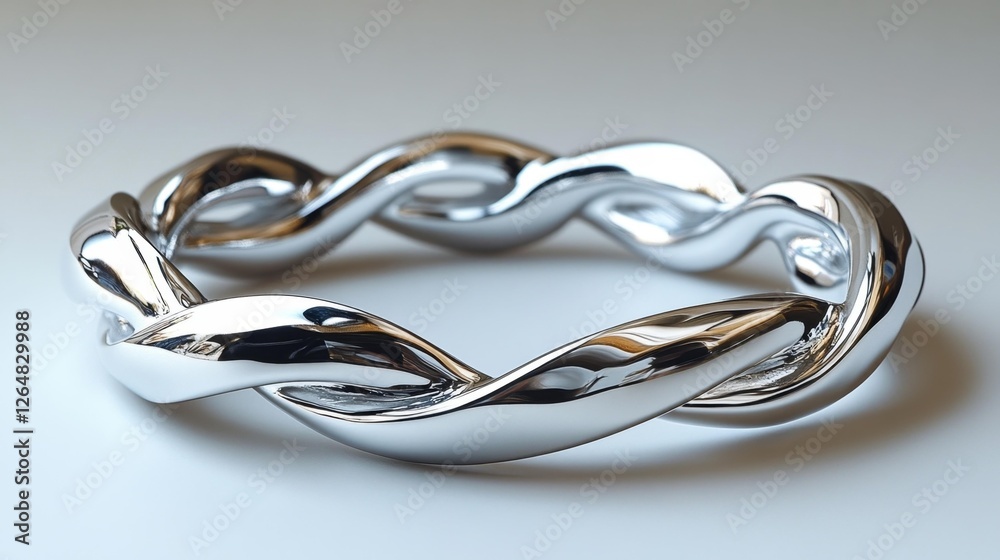 Fototapeta premium Twisted Silver Sculptural Ring on Light Background with Reflection. Generative AI