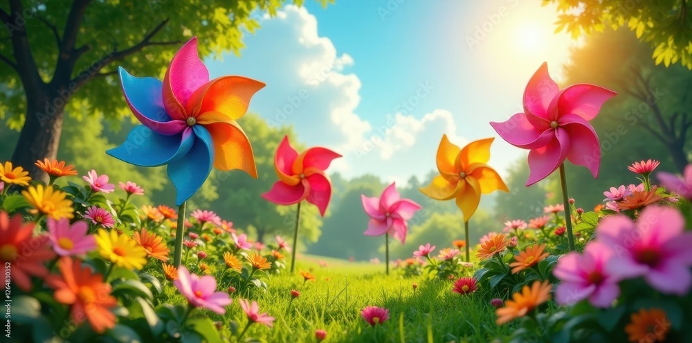 Obraz premium Colorful pinwheels playfully dance amidst a vibrant meadow of blooming flowers, bathed in the warm glow of a sunny day.