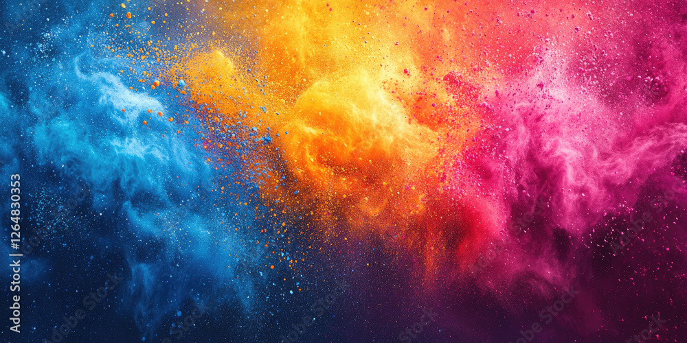 Fototapeta premium Vivid colorful Holi powders in a splash design, spreading outward from the center, ideal for festival advertisements, with copy space. Banner