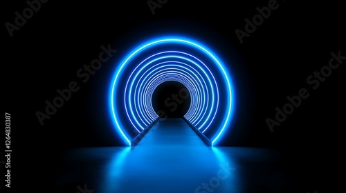 Neon blue circle tunnel, futuristic background