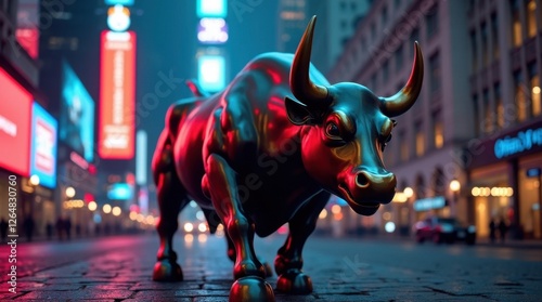 Digital Art of a Neon Wall Street Bull