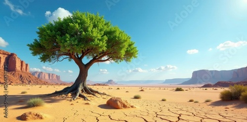 A solitary, vibrant green tree thrives amidst a vast, arid desert landscape, its strong roots anchoring it to the cracked earth under a brilliant blue sky.