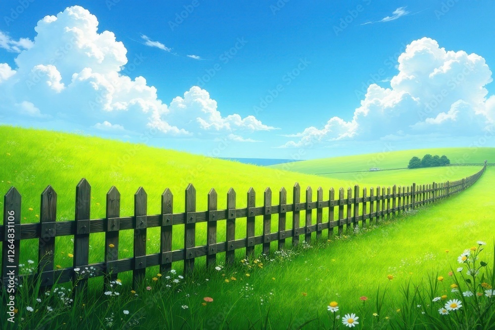 Fototapeta premium Idyllic pastoral scene featuring a rustic wooden fence winding through a vibrant green meadow under a bright, sunny sky