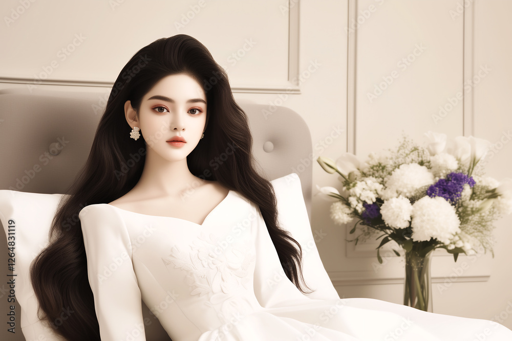 Beautiful Young Aisan Woman wearing a white dress, with flowers, Female Model posing for commercial use, with a elegant and bright feel Beautiful Young Aisan Woman wearing a white dress, with flowers, Female Model posing for commercial use, with a elegant and bright feel