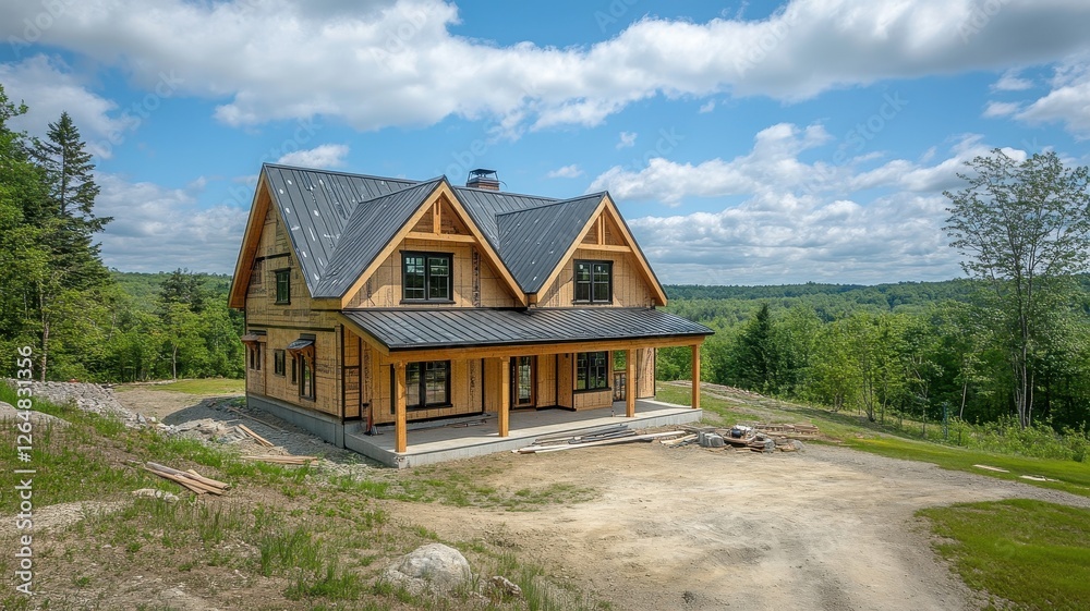 Fototapeta premium Rustic wooden house in scenic countryside landscape