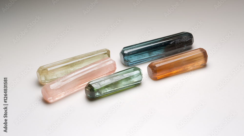 Several elongated crystals in shades ranging from pink to green and brown rest on a white background, showcasing the natural beauty and variety of minerals. Several elongated crystals in shades ranging from pink to green and brown rest on a white background, showcasing the natural beauty and variety of minerals.