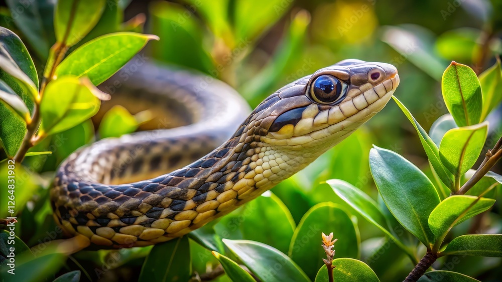 Close-up View of Colorful Snake Among Lush Green Foliage Close-up View of Colorful Snake Among Lush Green Foliage