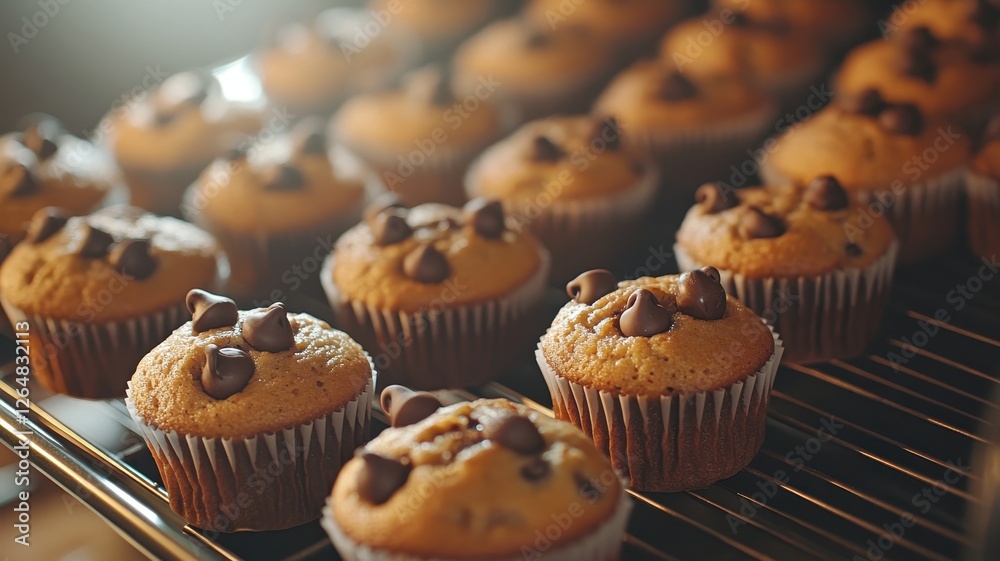 Chocolate chip muffins cooling on a rack in warm lighting Chocolate chip muffins cooling on a rack in warm lighting