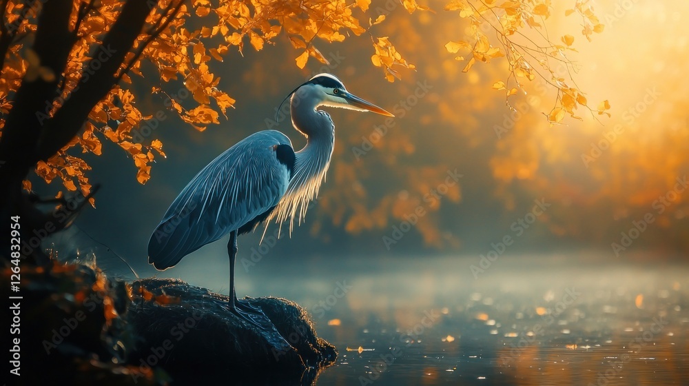 Fototapeta premium Majestic heron at sunrise by autumn river.
