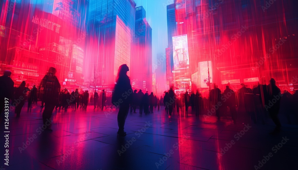 Obraz premium Nighttime urban crowd in vibrant city with glowing lights and reflections