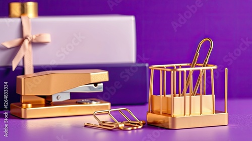A golden office gift box featuring a gold desk organizer, gold paper clips, and a gold stapler is seen in a close-up with deep ultraviolet colors. Vibrant purples, straightforward two-dimensional shap