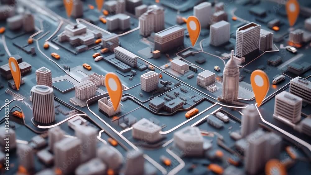 Miniature city model showcases smooth traffic flow, highlighted by orange gps indicators, providing a comprehensive visualization of urban mobility in slow motion