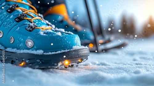 Close-Up of Outdoor Hiking Boots on Snowy Terrain with Snowflakes. Generative AI photo