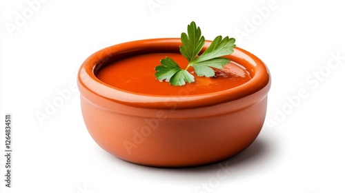 Fresh tomato sauce in a clay bowl with parsley garnish. Generative AI photo