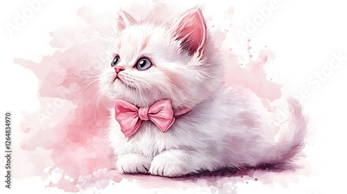 Adorable White Kitten with Pink Bow Tie Watercolor Style Pet Portrait
