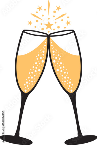 Gold and black Champagne toast. Vector hand drawn illustration icon for celebration.