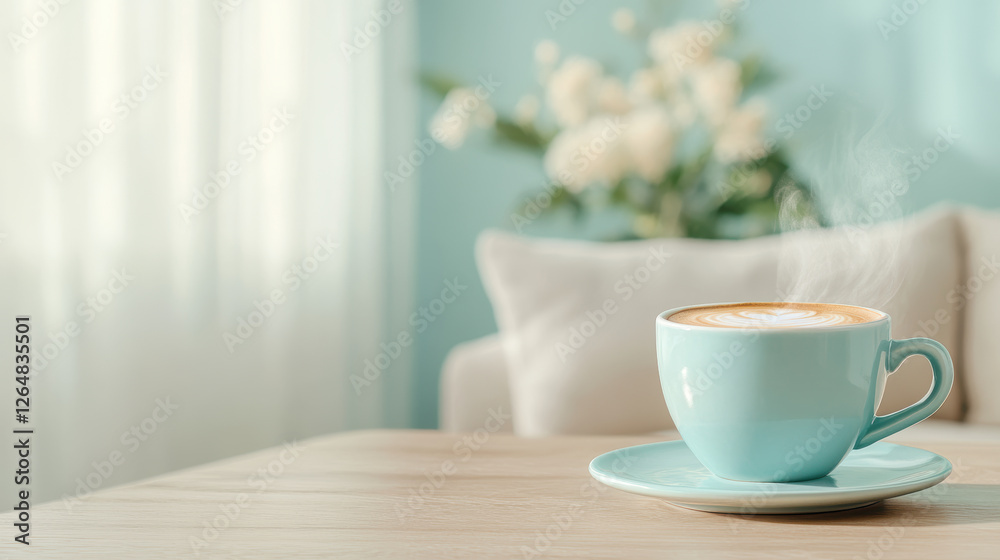 Serene morning coffee in pastel blue cup on wooden table with soft focus floral background Serene morning coffee in pastel blue cup on wooden table with soft focus floral background