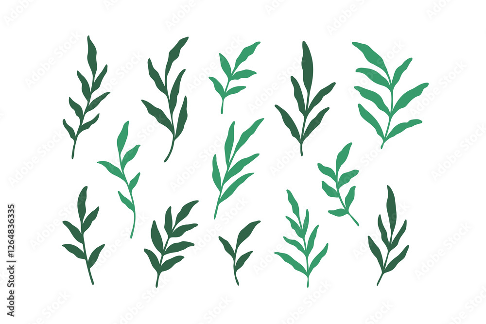 Fototapeta premium Set of different branches with leaves. Flat vector illustration.