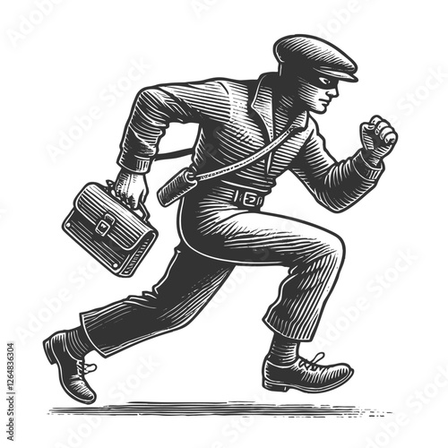 masked thief in a suit and hat running with a briefcase, classic engraving style sketch engraving generative ai fictional character vector illustration. Scratch board imitation. Black and white image.