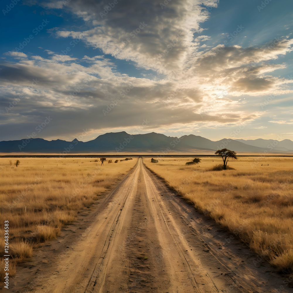 A serene savannah scene featuring a long dirt road cutting through vast, golden grasslands. The road stretches toward distant mountains under a bright blue sky with soft, fluffy clouds. A serene savannah scene featuring a long dirt road cutting through vast, golden grasslands. The road stretches toward distant mountains under a bright blue sky with soft, fluffy clouds.